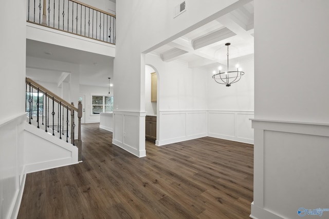 188 Chesire Cove Ln, New Market, AL 35759 - entrance foyer with beam ceiling, coffered ceiling, dark wood-style floors, a decorative wall, and a chandelier