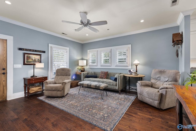 living room with dark wood-type flooring, ceiling fan, and ornamental molding