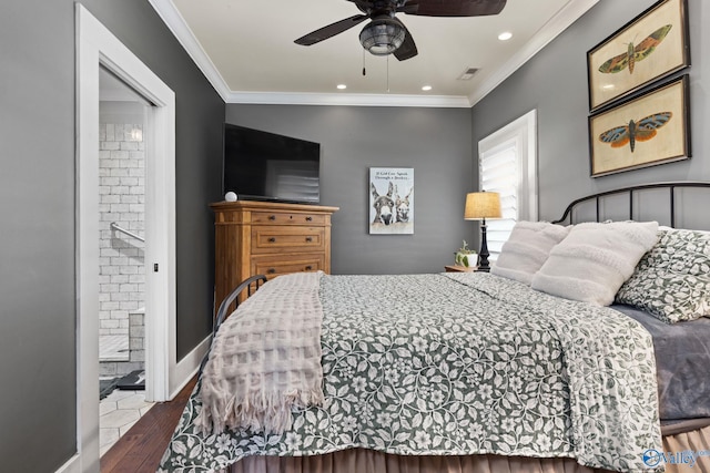 bedroom with ensuite bathroom, wood-type flooring, ornamental molding, and ceiling fan