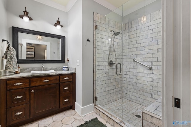 bathroom with vanity, ornamental molding, a shower with shower door, and tile patterned flooring