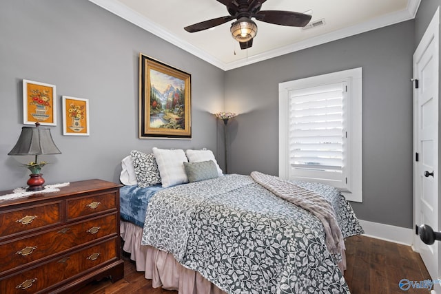 bedroom featuring crown molding, ceiling fan, and dark hardwood / wood-style flooring