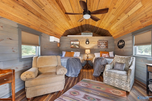 living room featuring a wealth of natural light, wooden walls, vaulted ceiling, and a wall unit AC