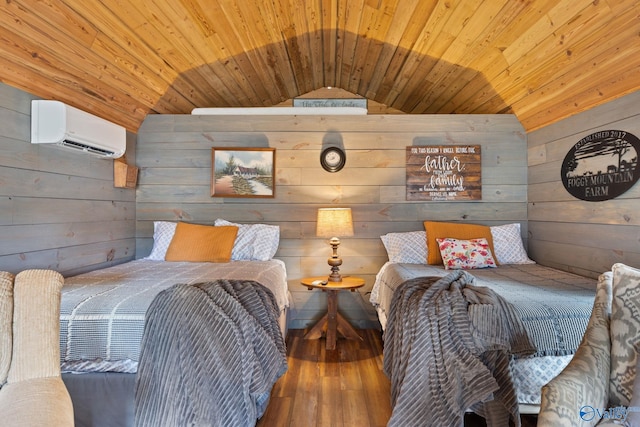 bedroom featuring wood walls, wood ceiling, lofted ceiling, hardwood / wood-style flooring, and a wall mounted AC