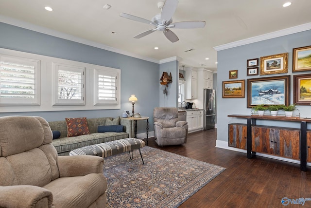 living room featuring ornamental molding, ceiling fan, plenty of natural light, and dark hardwood / wood-style flooring