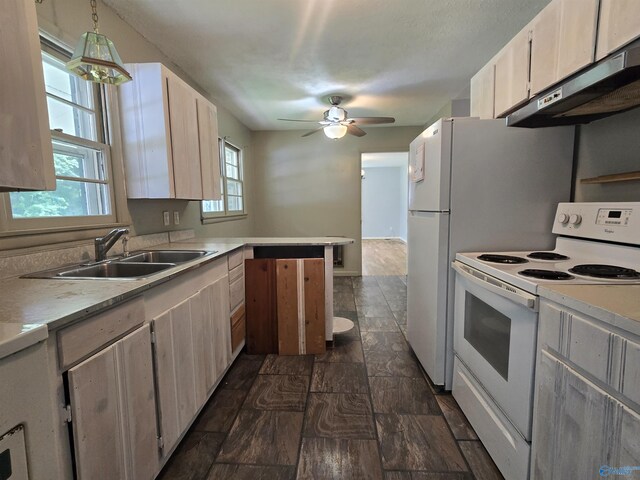 kitchen featuring white electric range oven, a sink, light countertops, and under cabinet range hood