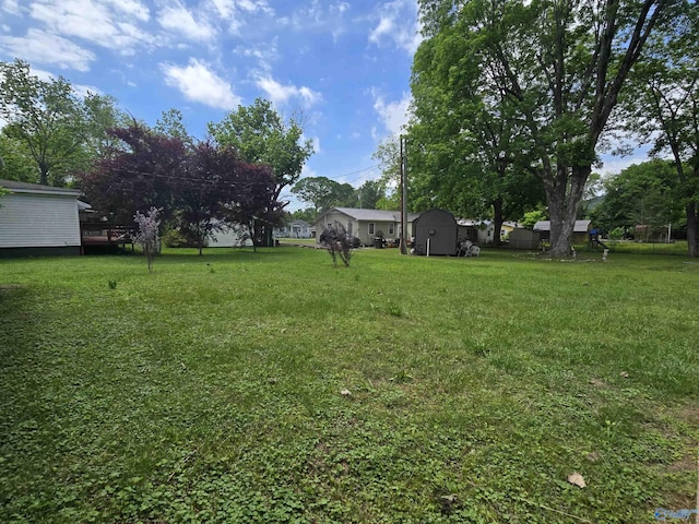 view of green lawn with a storage shed and an outdoor structure
