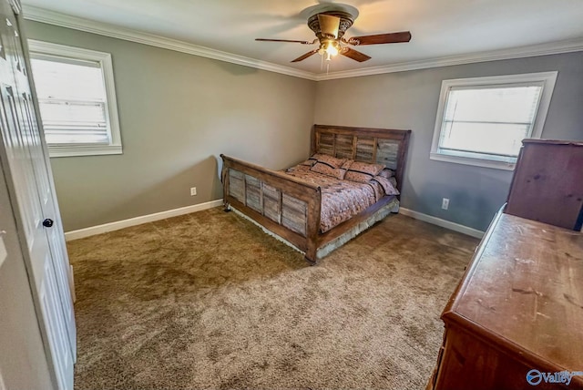 bedroom with carpet floors, multiple windows, and crown molding