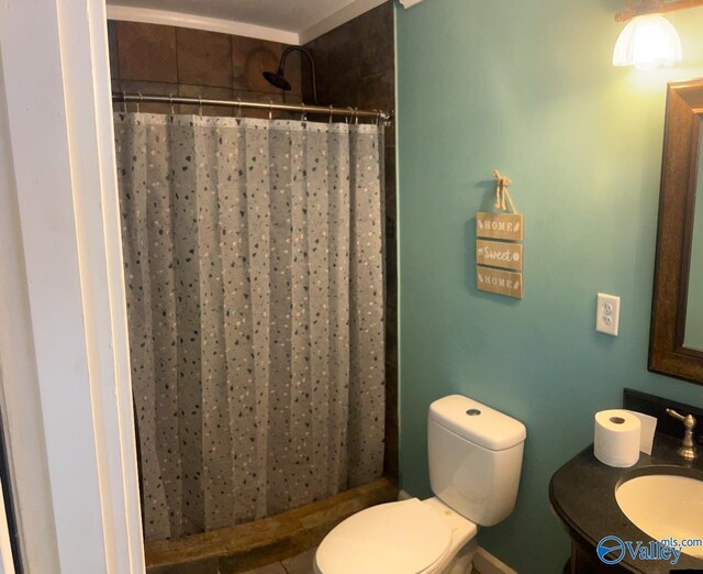 bathroom with curtained shower, vanity, and toilet