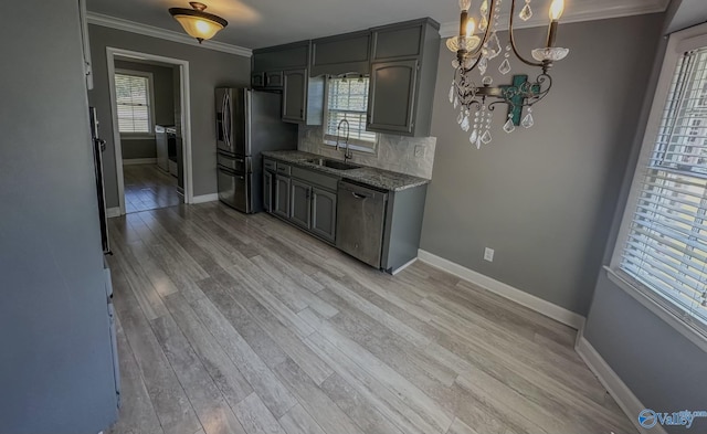 kitchen featuring crown molding, backsplash, appliances with stainless steel finishes, a sink, and light wood-type flooring