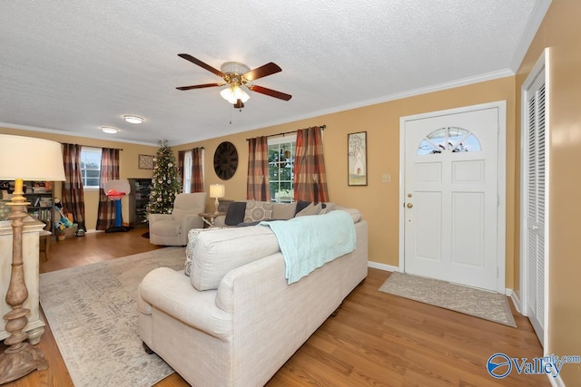 living room featuring hardwood / wood-style floors, ceiling fan, ornamental molding, and a textured ceiling