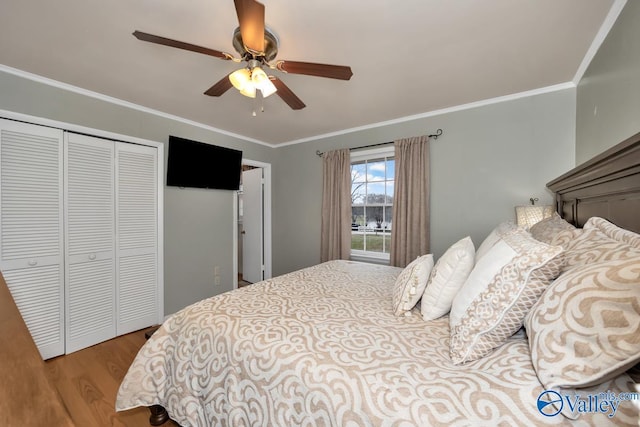 bedroom featuring light wood-type flooring, a closet, ceiling fan, and crown molding