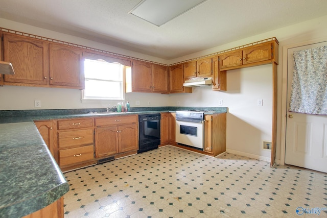20886 Johnson Dr, Athens, AL 35613 - kitchen with brown cabinets, white range oven, dark countertops, under cabinet range hood, and dishwasher
