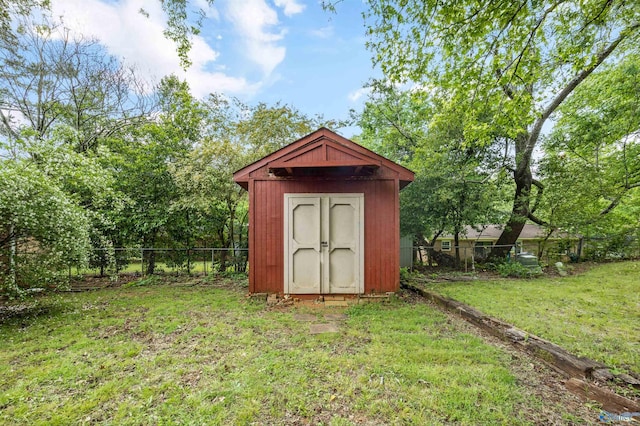 view of shed featuring a fenced backyard