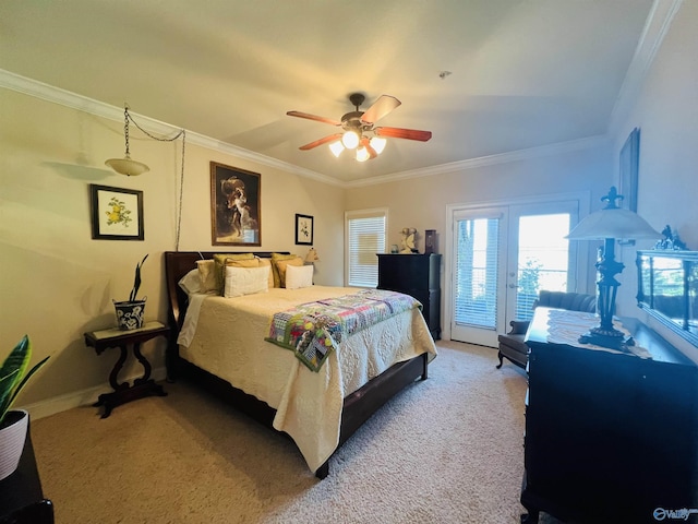 carpeted bedroom featuring access to exterior, ornamental molding, and ceiling fan