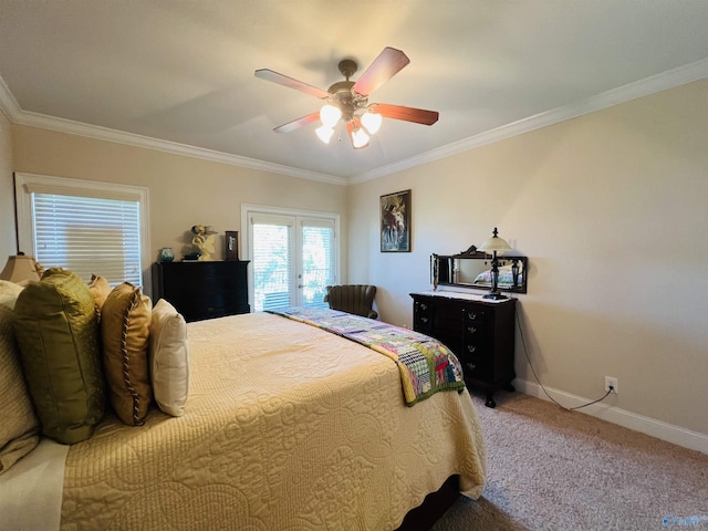 bedroom with ceiling fan, ornamental molding, and carpet flooring