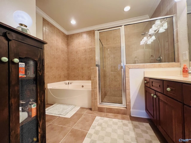 bathroom featuring tile patterned floors, crown molding, shower with separate bathtub, tile walls, and vanity