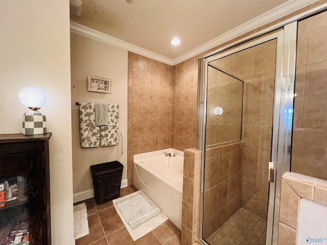 bathroom with crown molding, tile patterned floors, and independent shower and bath