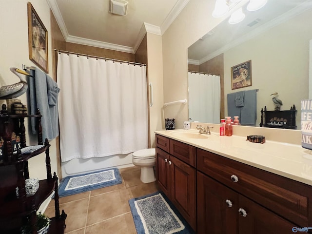 full bathroom featuring tile patterned floors, toilet, ornamental molding, shower / bathtub combination with curtain, and vanity