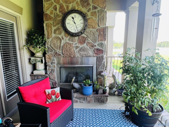 balcony with a fireplace