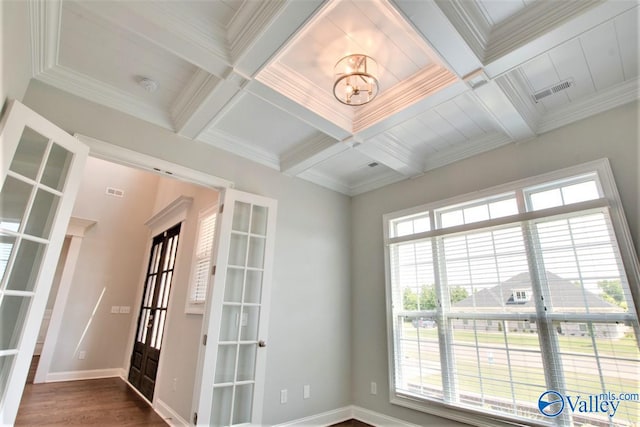 interior space featuring coffered ceiling, hardwood / wood-style flooring, and french doors