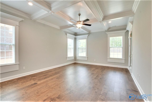 unfurnished room with crown molding, dark hardwood / wood-style flooring, beam ceiling, and ceiling fan