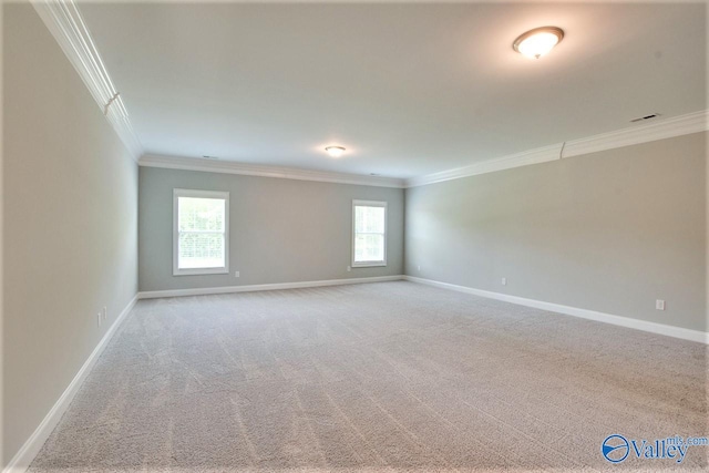 empty room featuring a healthy amount of sunlight, ornamental molding, and light carpet