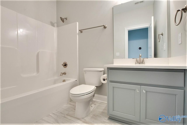 full bathroom featuring toilet,  shower combination, and vanity