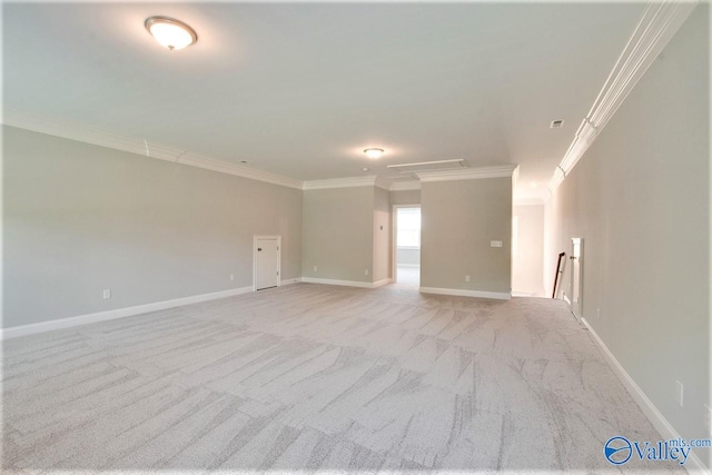 unfurnished living room with crown molding and light colored carpet