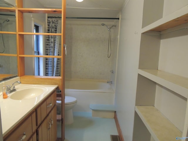 full bathroom featuring toilet, vanity, and shower / tub combo