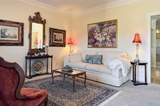 living room with carpet floors and crown molding