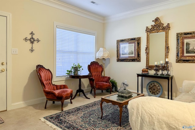 sitting room with carpet floors and crown molding