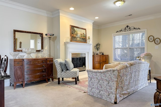 living room featuring light colored carpet and crown molding