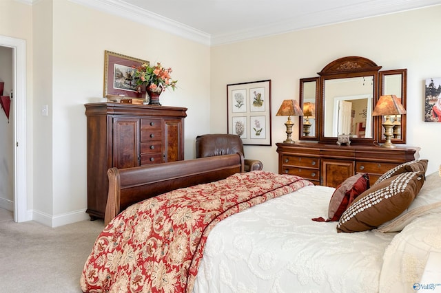 bedroom with light colored carpet and crown molding