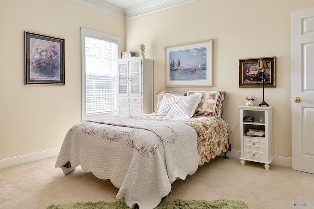 bedroom with crown molding and light carpet