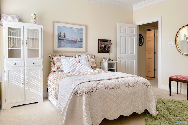 carpeted bedroom featuring crown molding