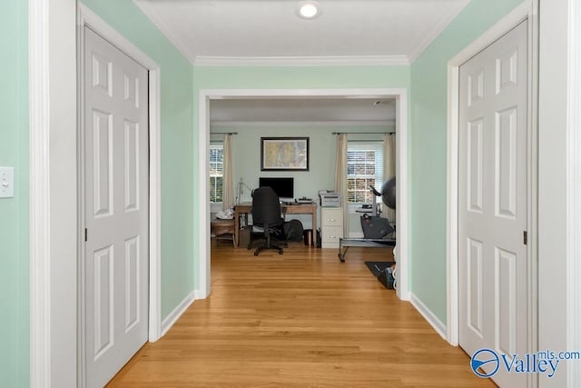 office space with light wood-type flooring and ornamental molding