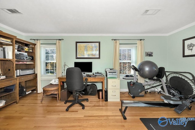 home office featuring light hardwood / wood-style floors and crown molding