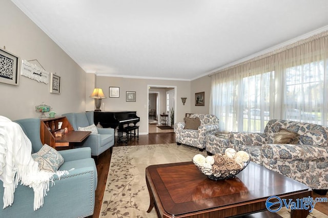 living room with hardwood / wood-style flooring and ornamental molding