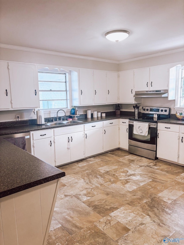 kitchen with sink, crown molding, white cabinets, and appliances with stainless steel finishes