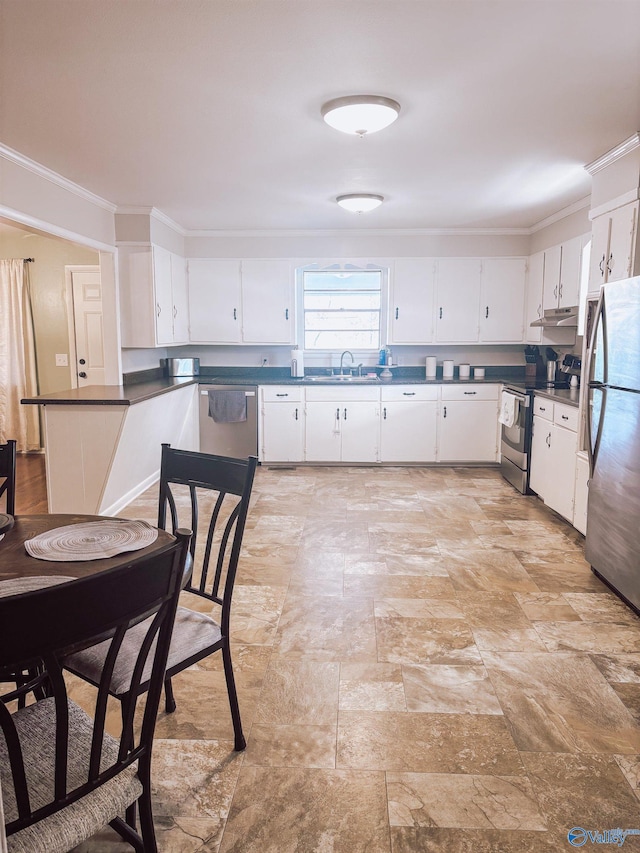 kitchen featuring white cabinetry, sink, ornamental molding, and appliances with stainless steel finishes