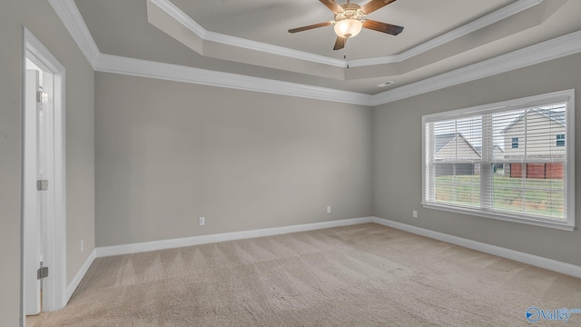 spare room featuring crown molding, a raised ceiling, light carpet, and a ceiling fan