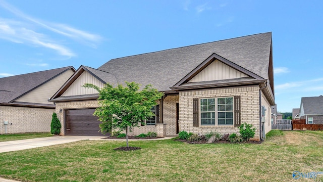 view of front facade featuring fence, brick siding, a shingled roof, concrete driveway, and an attached garage