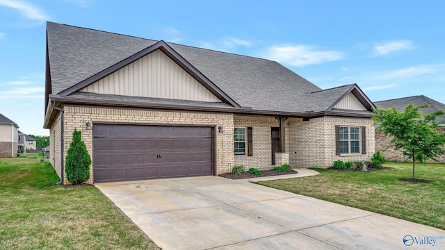 view of front of house featuring roof with shingles, an attached garage, board and batten siding, a front yard, and driveway