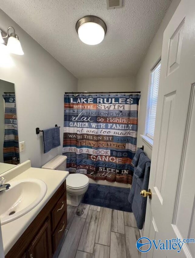 bathroom with a textured ceiling, vanity, toilet, and wood-type flooring