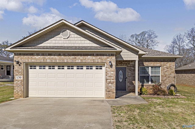 ranch-style home with concrete driveway, brick siding, a front lawn, a shingled roof, and a garage