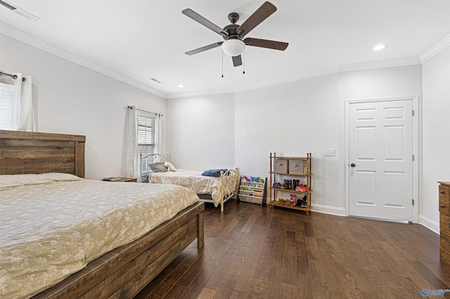 bedroom with visible vents, baseboards, ornamental molding, recessed lighting, and wood-type flooring