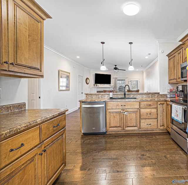 kitchen with dark wood-style flooring, a sink, ceiling fan, a peninsula, and appliances with stainless steel finishes