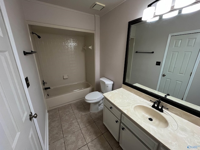 full bath with toilet, vanity,  shower combination, ornamental molding, and tile patterned floors