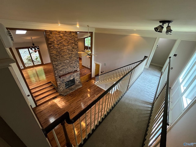 stairway with carpet floors, crown molding, a fireplace, wood finished floors, and ceiling fan with notable chandelier