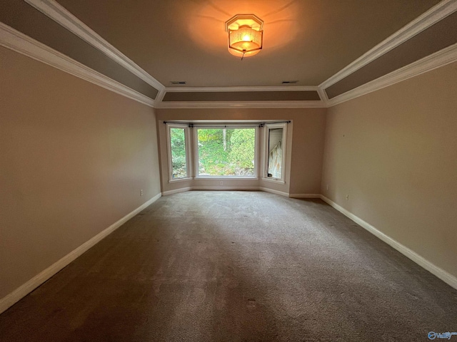 empty room with ornamental molding, carpet, and baseboards